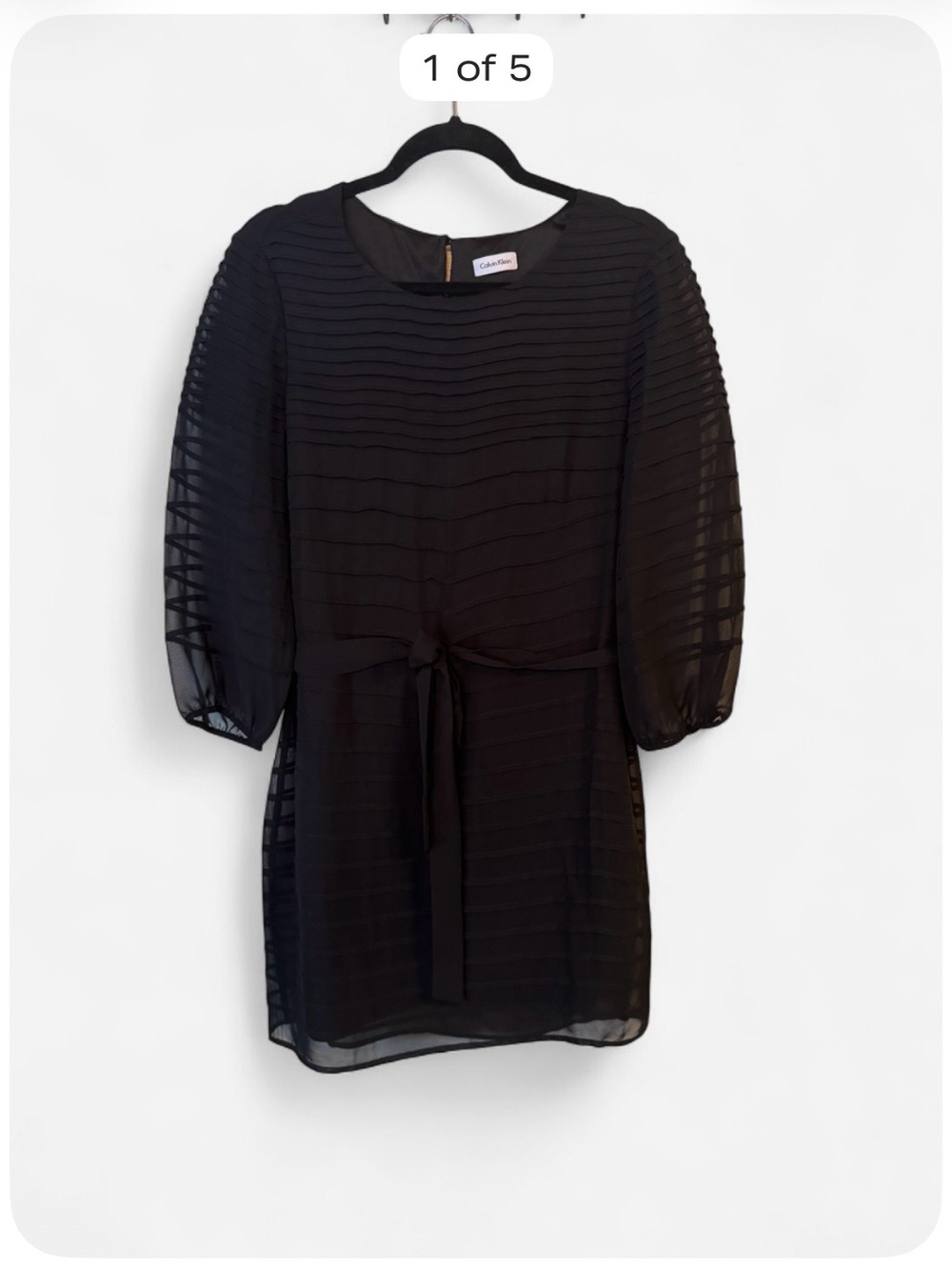 Calvin Klein Black Chiffon Pleated Belted Dress Sheer 3/4 Sleeve Approx Size 12